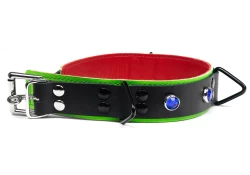 Double strap collar 1.25" wide. Black leather top, lime green leather bottom, red lambskin inner lining, locking buckle, 3 black triangles, sapphire gems