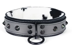 Double strap collar 1.5" wide. Grey leather top, black leather bottom, cow fur inner lining, black loop & dee, black dome studs.