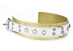 Double strap collar 1.75" wide. White leather top, gold metallic leather bottom, gold metallic lambskin inner lining, d ring, locking buckle, crystal gems.