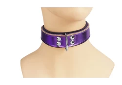 Double strap collar 1.25" wide. Metallic purple leather top, black leather bottom, d ring.