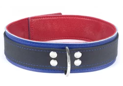 Double strap collar 1.5" wide. Black leather top, royal blue leather bottom, red lambskin inner lining, d ring.