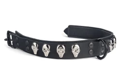 Double strap collar 1.25" wide. Black leather top, black leather bottom, black lambskin inner lining, black d ring, black locking buckle, skulls