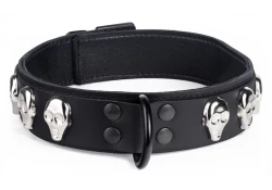 Double strap collar 1.25" wide. Black leather top, black leather bottom, black lambskin inner lining, black d ring, skulls.