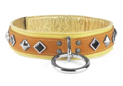 Double strap collar 1.5" wide. Saddle leather* top, sand leather* bottom, metallic gold lambskin inner lining, silver loop & dee, alternating black diamond gems and pyramid diamonds (upon special request). *Materials are discontinued.