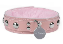 Double strap collar 1.75" wide. Pastel leather top, pastel leather bottom, pastel fur inner lining, d ring with large silver round custom tag, large round heads.