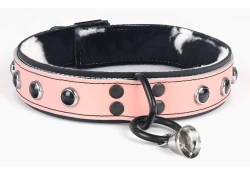 Double strap collar 1.25" wide. Pastel leather top, black leather bottom, cow fur inner lining black loop & dee (with small bell attached), black stone gems.