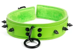 Double strap collar 1.5" wide. Lime green leather top, lime green leather bottom, lime green fur inner lining, Black loop & dee, black spikes