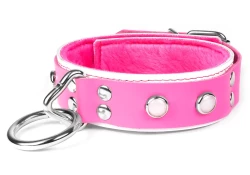 Double strap collar 1.25" wide. Pink leather top, white leather bottom, pink fur inner lining, loop & dee, pearl gems (out of stock).