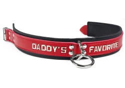 Double strap collar 1.5" wide. Red leather top, black leather bottom, black lambskin inner lining, loop & dee, lettering