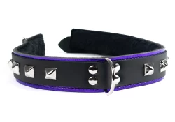 Double strap collar 1.25" wide. Black leather, metallic purple bottom, black fur inner lining, d ring, pyramids studs