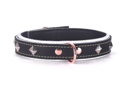 Double strap collar 1" wide. Black leather top, white leather bottom, black leather inner lining, rose-gold d ring, pyramid diamonds studs.