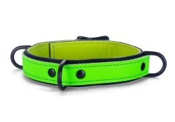 Double strap collar 1" wide. lime green leather top, black leather bottom, raver lime lambskin inner lining, 3 black d rings