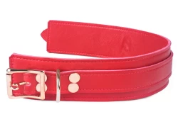 Double strap collar 1.75" wide. Red lambskin outer layer top, red lambskin outer layer bottom, red lambskin inner lining, Rose-gold locking buckle, rose-gold d ring by buckle.