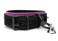 Double strap collar 1.25" wide. Black suede outer layer top strap, lavender leather* bottom, black locking buckle, black loop & dee by buckle (with small bell attached). *Discontinued material.