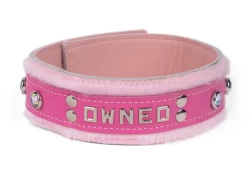 Double strap collar 1.75" wide. Pink leather top, pastel fur outer layer bottom strap, pastel lambskin inner lining, lettering in center, opal gems.