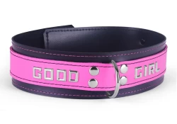 Double strap collar 1.75" wide. Pink leather top, rubber bottom, no inner lining, d ring, lettering.