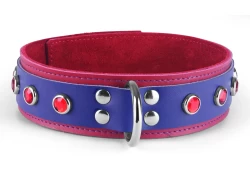 Double strap collar 1.5" wide. Royal blue leather top, red leather bottom, red suede inner lining, d ring attachment, ruby gems.