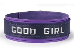 Double strap collar 1.75" wide. Black leather top, iris leather bottom, no inner lining, lettering.