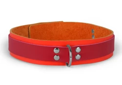 Double strap collar 1.25" wide, 3/4 top style. Red leather top, orange leather bottom, no inner lining, d ring in center.