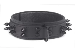 Double strap collar 1.5" wide. Black leather top, black leather bottom, black lambskin inner lining, black d ring, black spikes*. *Special request: put 2 rows of spikes on the collar.