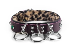 Double strap collar 1.25" wide. Chocolate raspberry leather top, black leather bottom, baby leopard fur inner lining, 3 loop & dee*, emerald gems. * Special request: position 3 loop & dee attachments in the center of the collar.