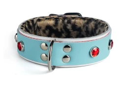 Double strap collar 1.25" wide. Baby blue leather top, white leather bottom, baby leopard fur inner lining, d ring, ruby gems.