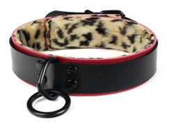 Double strap collar 1.25" wide. Rubber top, red leather bottom, baby leopard fur inner lining, black loop & dee in center