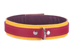 Double strap collar 1.25" wide. 3/4 top style. Red leather top, gold leather bottom, crimson lambskin inner lining, d ring attachment.