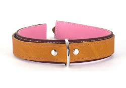 Double strap collar 1.25" wide. Saddle leather* top, mahogany leather* bottom, rose lambskin inner lining, d ring attachment. *Discontinued materials