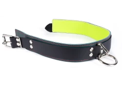 Double strap collar 1.5" wide. Black leather top, forest green leather bottom, raver lime green lambskin inner lining, loop & dee attachment, locking buckle