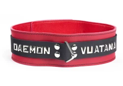 Double strap collar 2" wide. Black leather top, red leather bottom, red lambskin inner lining, triangle attachment, lettering