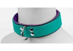 Double strap collar 1.25" wide. Teal leather top, black leather bottom, purple fur inner lining, d ring