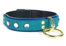 Double strap collar 1.25" wide. Teal suede outer layer top, royal blue leather bottom, black lambskin inner lining, brass loop & dee, opal gems