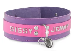 Double strap collar 2" wide. Pink leather top, lavender leather* bottom, no inner lining, d ring (with small bell attached), lettering.