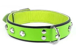 Double strap collar 1.25" wide. Lime green leather top, black leather bottom, raverlime lambskin inner lining, d ring, crystal gems.