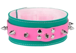 Double strap collar 2" wide. Pink leather top, teal leather bottom, pastel fur inner lining, spikes