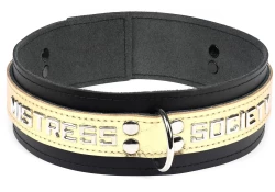 Double strap collar 1.75" wide. Metallic gold leather top, black leather bottom, no inner lining, d ring attachment, lettering.