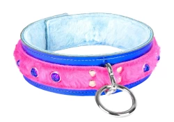 Double strap collar 1.75" wide. Pink fur outer layer top, metallic blue leather bottom, baby blue fur inner lining, loop & dee, sapphire dome gems (discontinued).