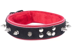 Double strap collar 1.25" wide. Black suede outer layer top, red leather bottom, red fur inner lining, spikes