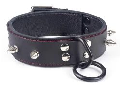 Double strap collar 1.25" wide. Black leather top, black leather bottom, black lambskin inner lining, black loop & dee, spikes