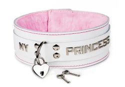 Double strap collar 2" wide. White leather top, white leather bottom, pastel fur inner lining, d ring with small heart lock, lettering.