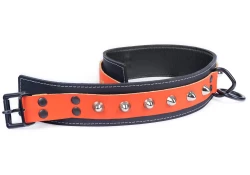 Double strap collar 1.75" wide. Orange leather top, black leather bottom, black lambskin inner lining, black loop & dee, dome studs