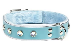 Double strap collar 1.25" wide. Baby blue leather top, white leather bottom, baby blue fur inner lining, d ring, opal gems.