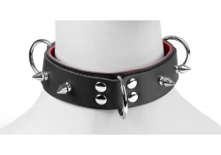 Double strap collar 1.25" wide. Black leather top, black leather bottom, red lambskin inner lining, 3 d rings, spikes