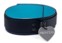 Double strap collar, 1.5" wide. Black leather top, black leather bottom, baby blue lambskin inner lining, black d ring, jumbo silver heart custom tag attached.