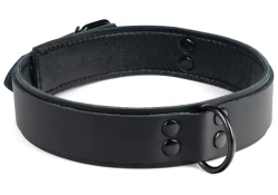 DOUBLE STRAP COLLAR 1.25" WIDE. BLACK LEATHER TOP, BLACK LEATHER BOTTOM, BLACK LAMBSKIN INNER LINING, BLACK D RING