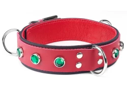 Double strap collar 1.25" wide. Red leather top, black leather bottom, red lambskin inner lining, 3 d rings, emerald gems.