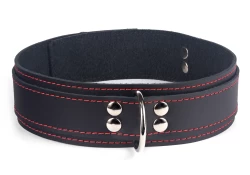 Double strap collar 1.5" wide. Black leather top, black leather bottom, no inner lining, d ring in center.