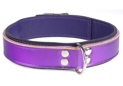 Double strap collar 1.25" wide. Purple metallic leather top, black leather bottom, purple lambskin inner lining, d ring in center