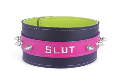 Double strap collar 2.25" wide. Fuchsia leather top, black leather bottom, raver lime lambskin inner lining. Lettering and spikes.